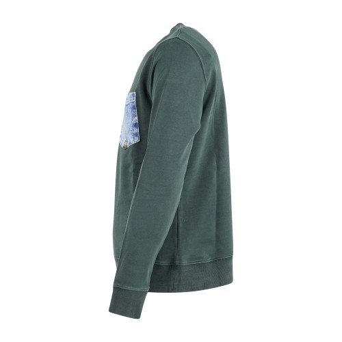 Roy Roger's - Felpa verde girocollo con taschino in jeans sul petto per uomo | 2