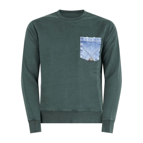 Roy Roger's - Felpa verde girocollo con taschino in jeans sul petto per uomo |