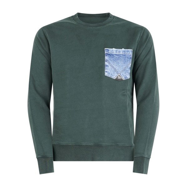 Roy Roger's - Felpa verde girocollo con taschino in jeans sul petto per uomo |