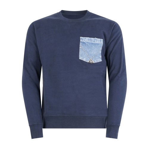 Roy Roger's - Felpa blu girocollo con taschino in jeans sul petto per uomo |