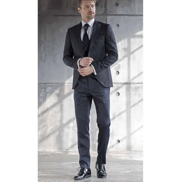 Musani - Abito smoking rever a lancia damascato blu per uomo | 