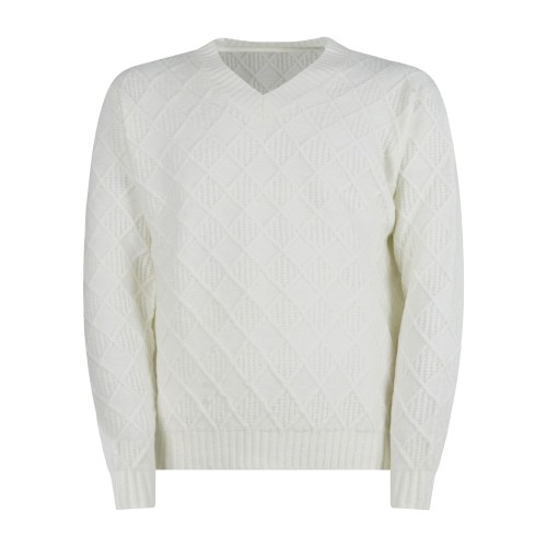 Daniele Alessandrini - Maglione scollo a V bianco con lavorazione a intarsio