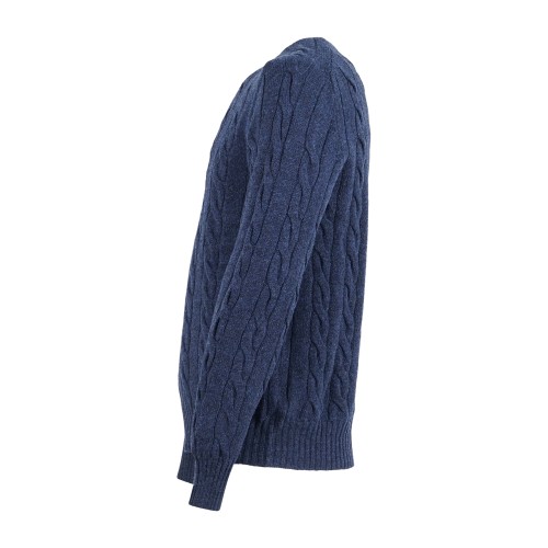Gran Sasso - Maglione girocollo blu in pura lana Shetland con lavorazione a 2