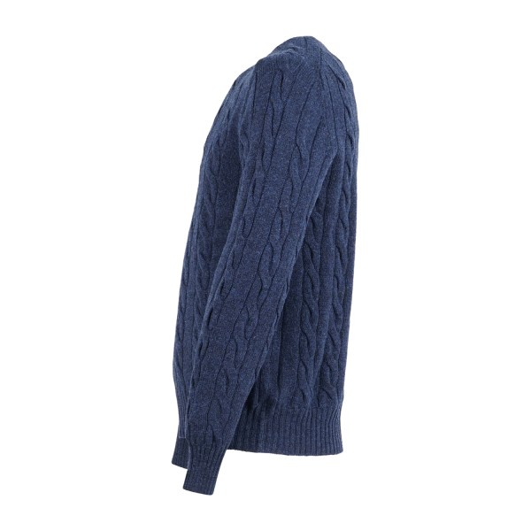Gran Sasso - Maglione girocollo blu in pura lana Shetland con lavorazione a