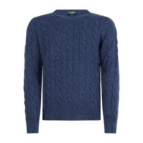Gran Sasso - Maglione girocollo blu in pura lana Shetland con lavorazione a