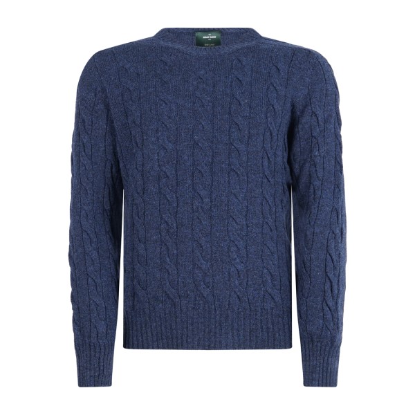 Gran Sasso - Maglione girocollo blu in pura lana Shetland con lavorazione a