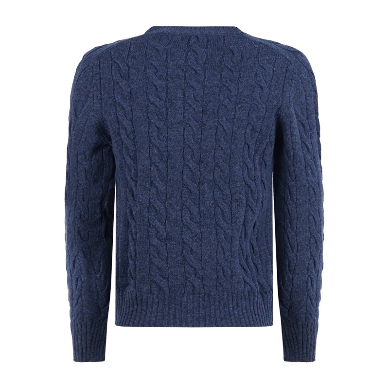 Gran Sasso - Maglione girocollo blu in pura lana Shetland con lavorazione a