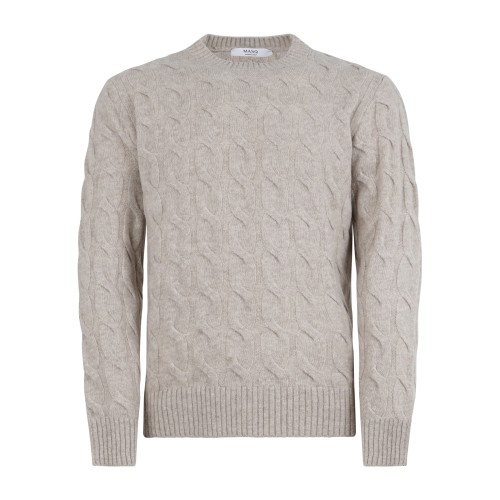 +39 Masq - Maglione girocollo beige in pura lana merino con lavorazione a