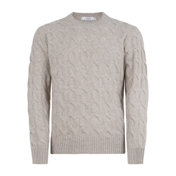 +39 Masq - Maglione girocollo beige in pura lana merino con lavorazione a