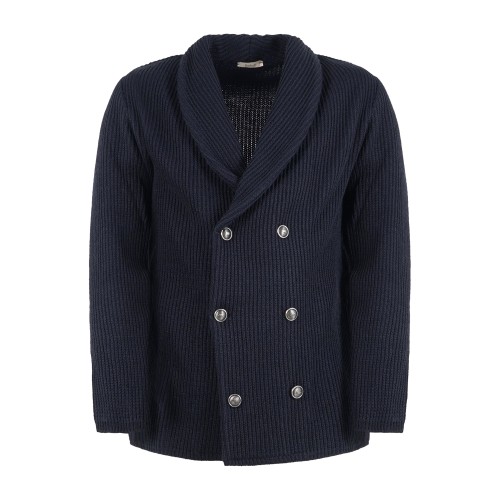 Barbati - Maglione cardigan blu con bottoni doppio petto e collo sciallato per