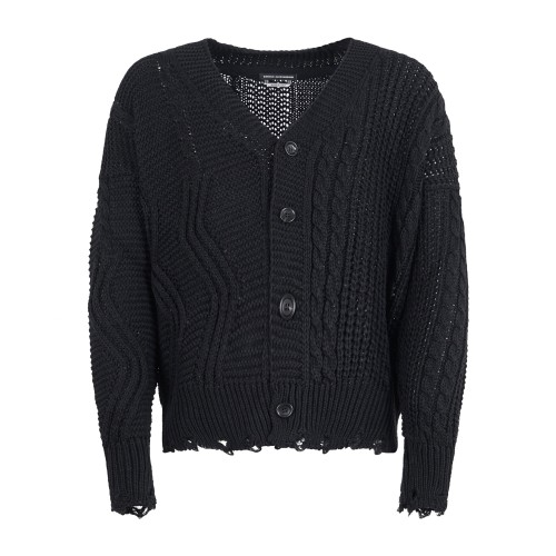 Daniele Alessandrini - Cardigan nero con lavorazione e fondo sfilacciato per