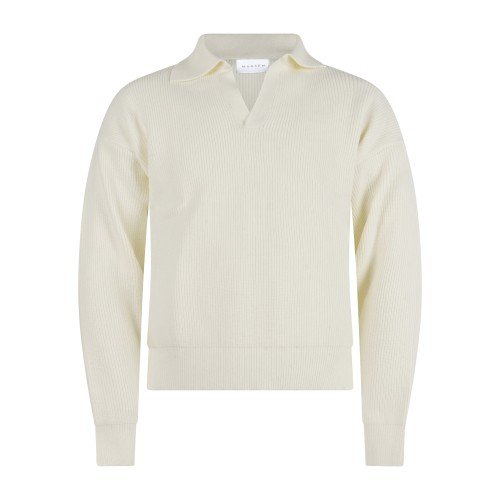 Marsem - Polo bianca manica lunga con lavorazione maglia inglese vestibilità