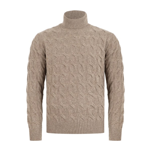 +39 Masq - Dolcevita marrone in pura lana merino con lavorazione a treccia per