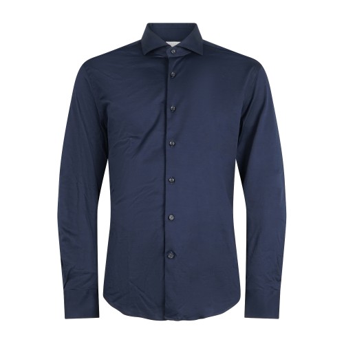 Xacus - Camicia blu in tessuto jersey di cotone filo di scozia tailor fit per