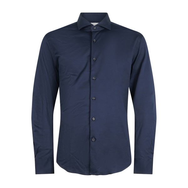 Xacus - Camicia blu in tessuto jersey di cotone filo di scozia tailor fit per