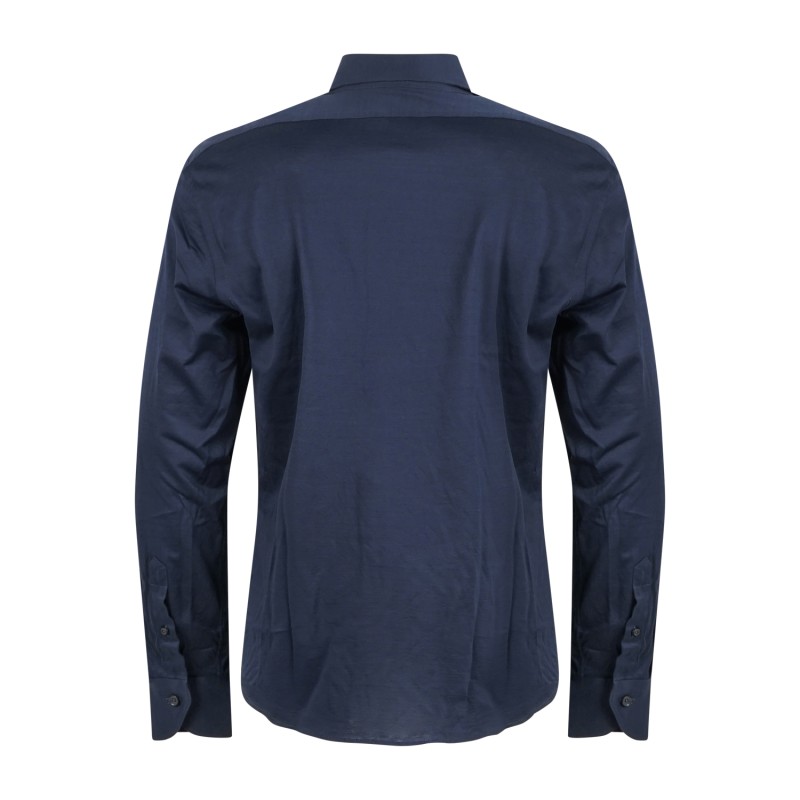 Xacus - Camicia blu in tessuto jersey di cotone filo di scozia tailor fit per