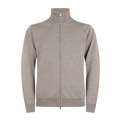 +39 Masq - Cardigan beige full zip in lana merino extrafine per uomo |