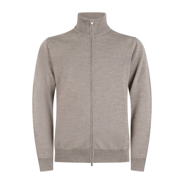 +39 Masq - Cardigan beige full zip in lana merino extrafine per uomo |