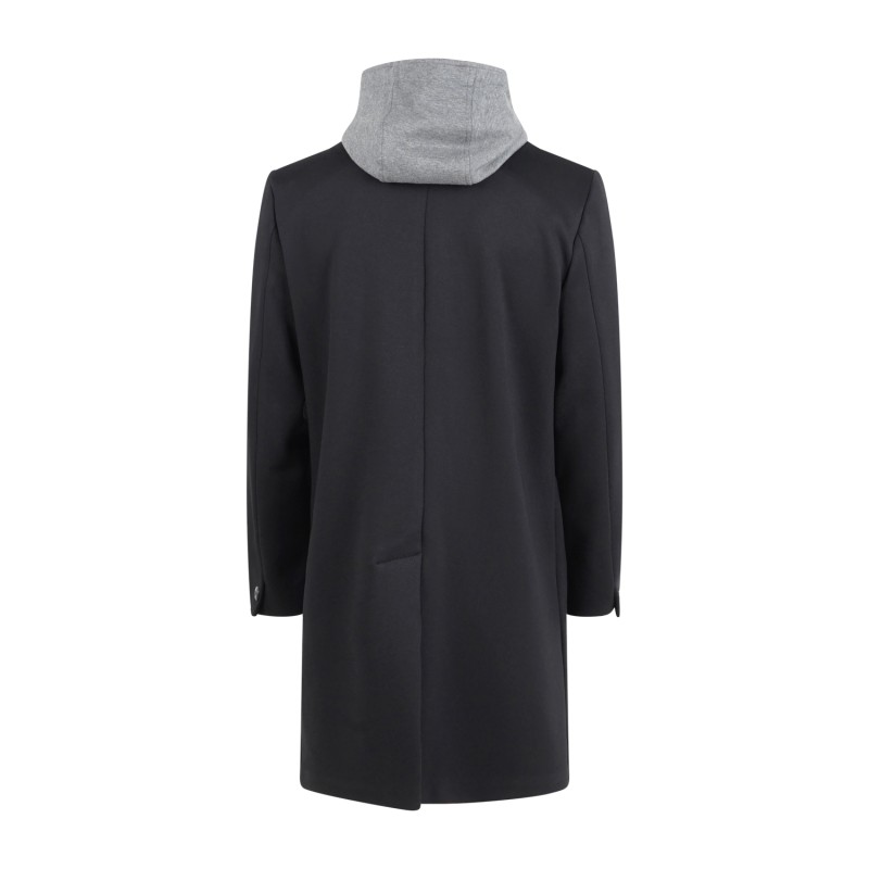 Officina36 - Cappotto nero monopetto con pettorina e cappuccio staccabile ed
