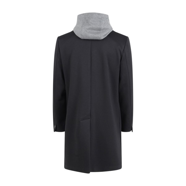 Officina36 - Cappotto nero monopetto con pettorina e cappuccio staccabile ed