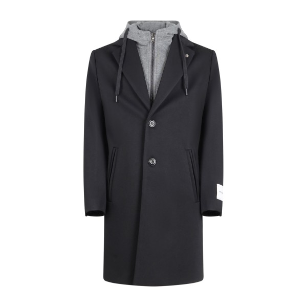 Officina36 - Cappotto nero monopetto con pettorina e cappuccio staccabile ed