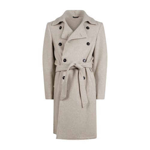 Daniele Alessandrini - Cappotto beige doppiopetto in lana con cintura per uomo