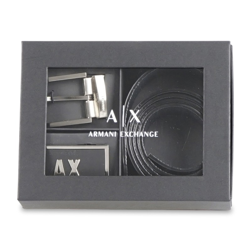 Armani Exchange - Set Cintura nera in pelle con doppia fibbia opzionabile per