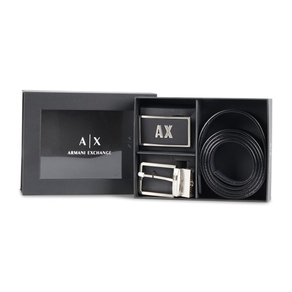 Armani Exchange - Set Cintura nera in pelle con doppia fibbia opzionabile per