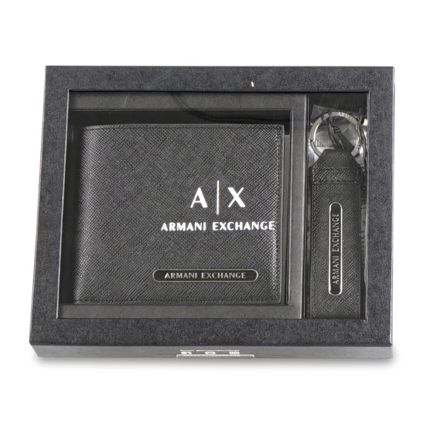 Armani Exchange - Portafoglio nero set A|X portafoglio e portachiavi con patch