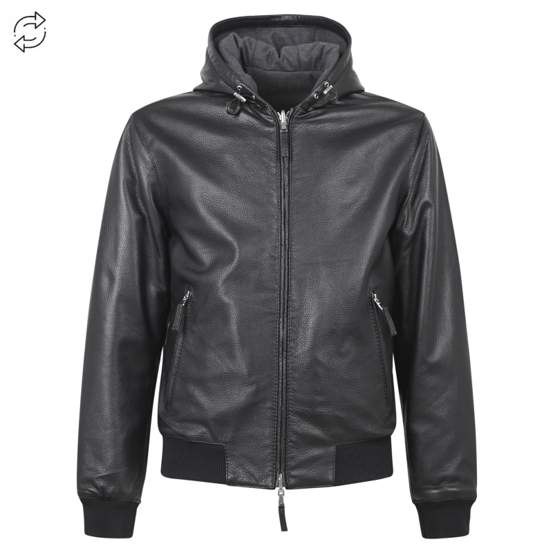The Jack Leathers - Giubbotto nero con cappuccio reversibile in pelle o
