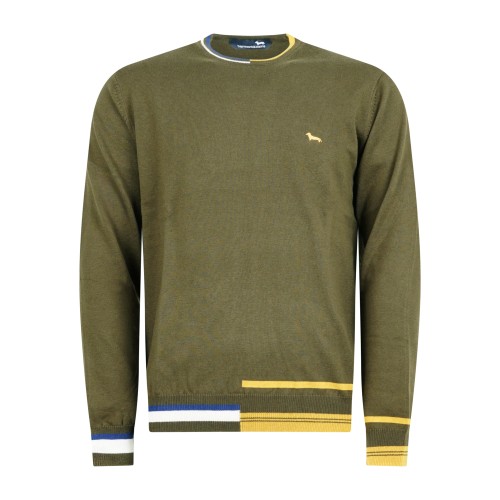 Harmont & Blaine - Maglione girocollo verde in cotone e lana con righe per uomo