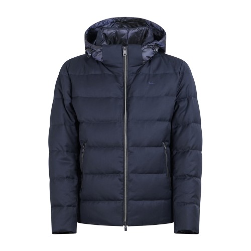 Harmont & Blaine - Giubbotto blu in lana tecnica con cappuccio imbottito in