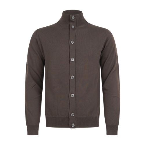 +39 Masq - Cardigan marrone con collo lupetto e bottoni in lana merino