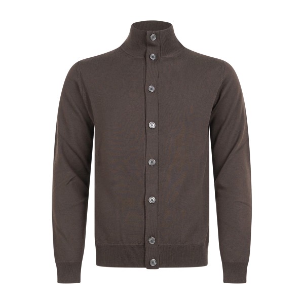 +39 Masq - Cardigan marrone con collo lupetto e bottoni in lana merino