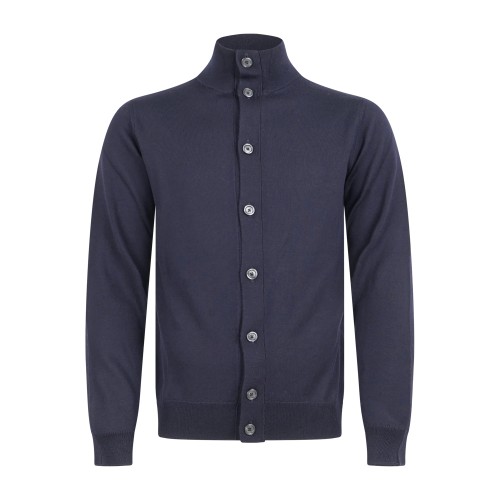 +39 Masq - Cardigan blu con collo lupetto e bottoni in lana merino extrafine