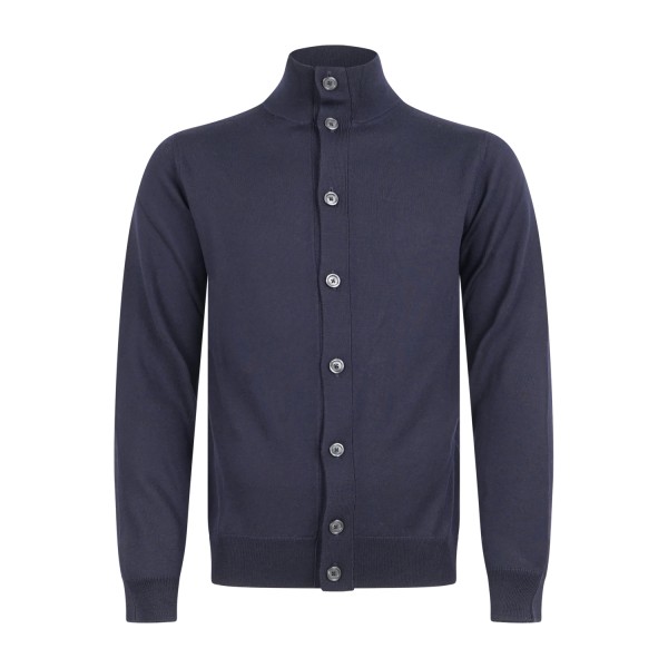+39 Masq - Cardigan blu con collo lupetto e bottoni in lana merino extrafine