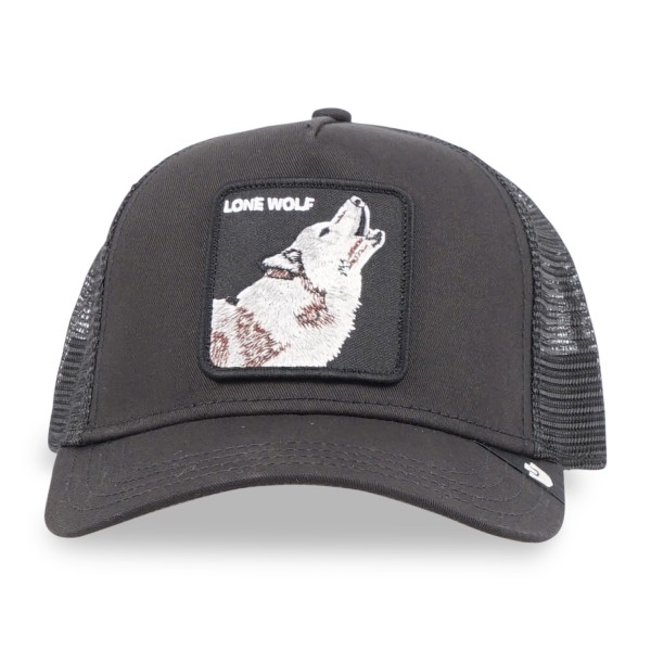 Goorin Bros. - Cappello nero con visiera e retro in retina con patch lupo per