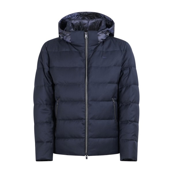 Harmont & Blaine - Giubbotto blu in lana tecnica con cappuccio imbottito in