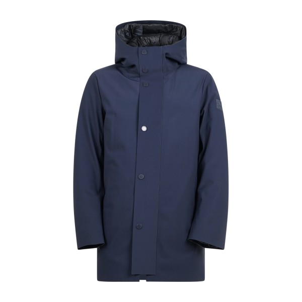Harmont & Blaine - Trench blu in tessuto tecnico con cappuccio in piuma per