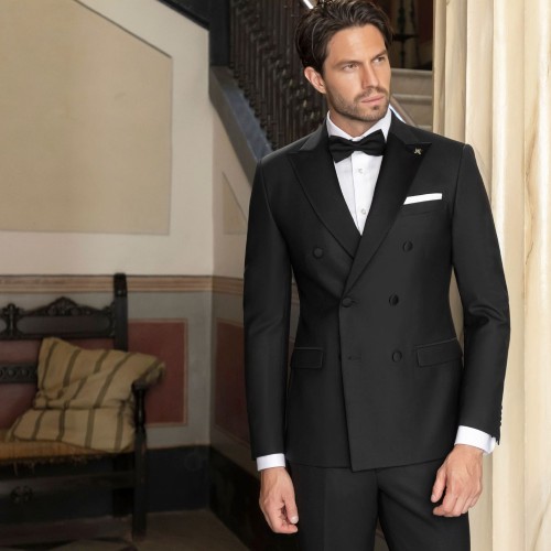 Angelo Toma - Abito smoking doppiopetto nero con rever a lancia per uomo | 