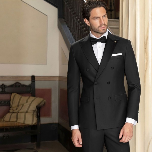 Angelo Toma - Abito smoking doppiopetto nero con rever a lancia per uomo | 