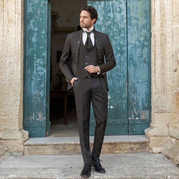 Angelo Toma - Abito damascato monopetto nero coreano per uomo | 