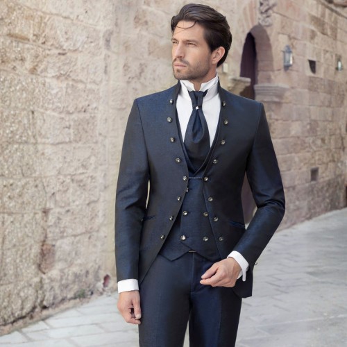 Angelo Toma - Abito damascato monopetto blu coreano per uomo | 