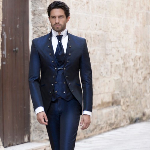 Angelo Toma - Abito damascato monopetto blu coreano per uomo | 