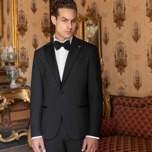 Angelo Toma - Abito smoking monopetto nero con rever a lancia per uomo | 