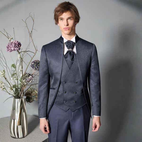 Luigi Bianchi Cerimonia - Abito Damascato monopetto blu coreano per uomo | 