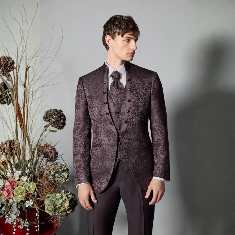 Luigi Bianchi Cerimonia - Abito Damascato monopetto bordeaux coreano per uomo | 