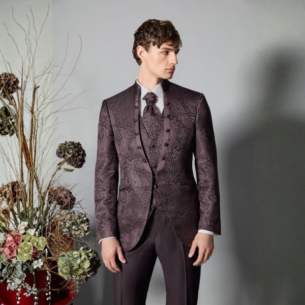 Luigi Bianchi Cerimonia - Abito Damascato monopetto bordeaux coreano per uomo | 