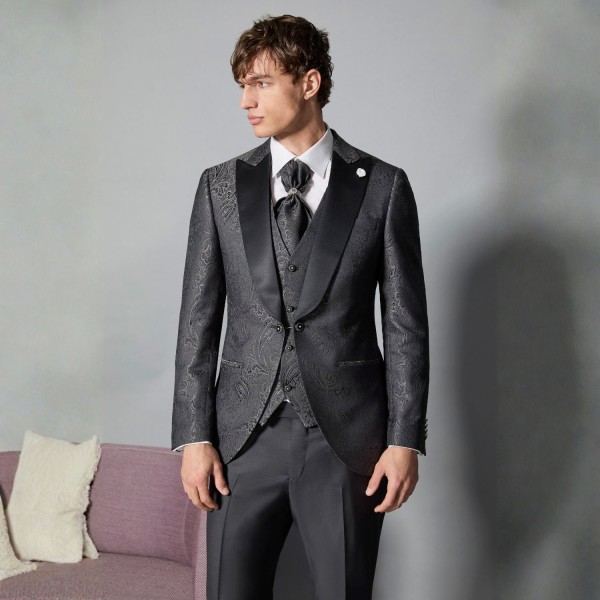 Luigi Bianchi Cerimonia - Abito Damascato monopetto nero con rever a lancia per