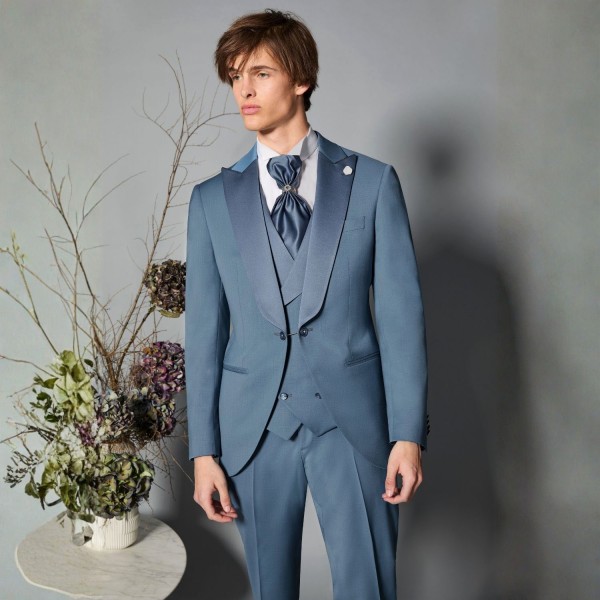 Luigi Bianchi Cerimonia - Abito Smoking monopetto celeste con rever a lancia